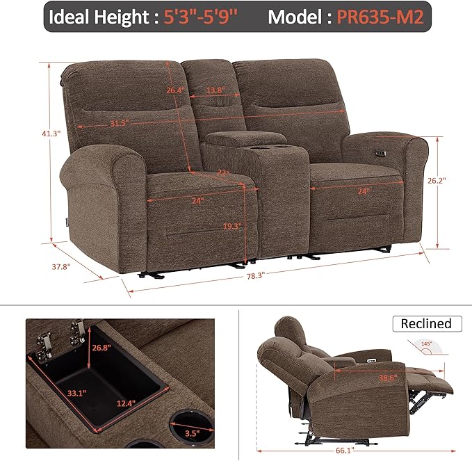 MCombo 78.3" Wall Hugger Power Loveseat Recliner Sofa with Console, Reclining Loveseat with USB Ports, Cup Holders, for Small Spaces Living Room RV, Fabric PR635M2 (Dark Brown)
