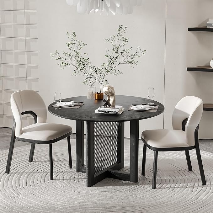 Casaphoria 46" Dining Table for 4, Wood Kitchen Table with Scratch-Resistant Top & Rattan Base, Modern Farmhouse Round Small Table for Living Room, Kitchen, Easy Assembly, Black (Chairs not Included)