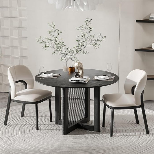 Casaphoria 46" Dining Table for 4, Wood Kitchen Table with Scratch-Resistant Top & Rattan Base, Modern Farmhouse Round Small Table for Living Room, Kitchen, Easy Assembly, Black (Chairs not Included)