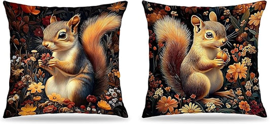 William Morris Inspired-Floral Squirrel Pillow Covers 18x18 Set of 2,Dark Cottagecore Decor, Moody Rustic Botanical Mysterious Squirrel Wildlife Decor Pillow Covers for Home Living Room Bedroom