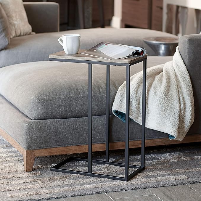 Household Essentials Ashwood Industrial Narrow End Table | Metal C Shaped Frame and Rectangle Faux Wood Top, C Table