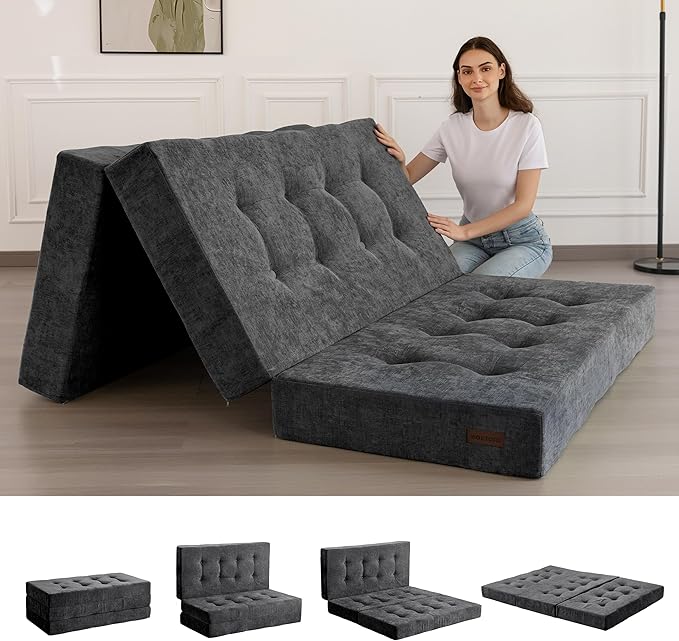 MAXYOYO Tri-Fold Mattress, 6 Inch Tufted Folding Mattress with Chenille Fabric, Portable Queen Size Floor Guest Mat for Adults, Foldable Topper for Camping, Dark Grey