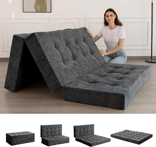 MAXYOYO Tri-Fold Mattress, 6 Inch Tufted Folding Mattress with Chenille Fabric, Portable Full Size Floor Guest Mat for Adults, Foldable Topper for Camping, Dark Grey, 53"x75"