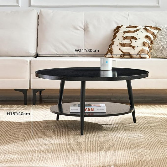 Saint Mossi Black Wood Coffee Table for Living Room, Mid Century Modern Round Coffee Table, 2-Tier Center Table for Small Space, Black, W31xH15