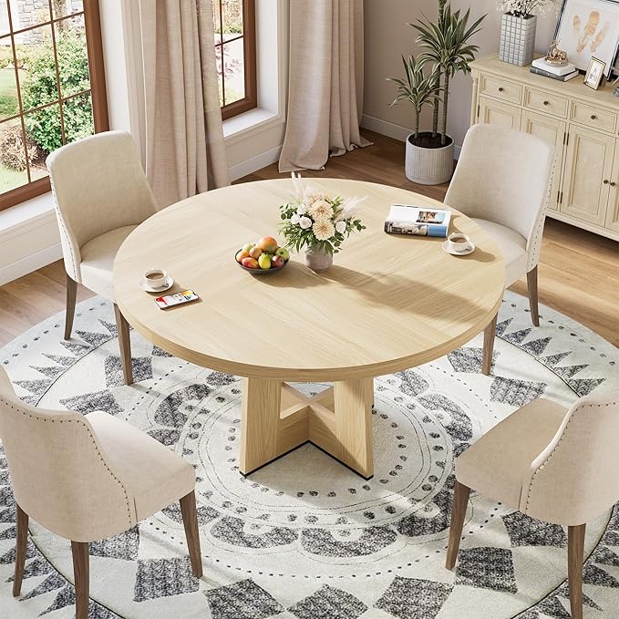 IDEALHOUSE 47" Round Dining Table, Kitchen Table for 4-6 People, Circle Tables with Sturdy Pedestal Base, Space Saving Dinning Room Furniture for Living Room, Kitchen, Apartment, Natural