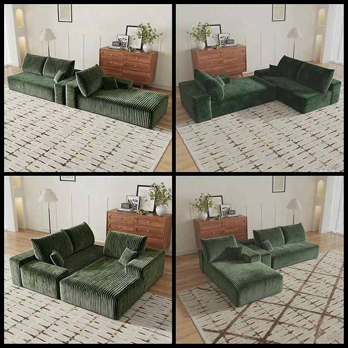 135" U Shaped Boneless Couch with Ottoman, Convertible Sleeper Compression Sofa, Corduroy Couch Sectional for Living Room Bedroom, Deep Seat Foam Cloud Sofas No Assembly, Right Facing Chaise, Green | Space-Smart Design