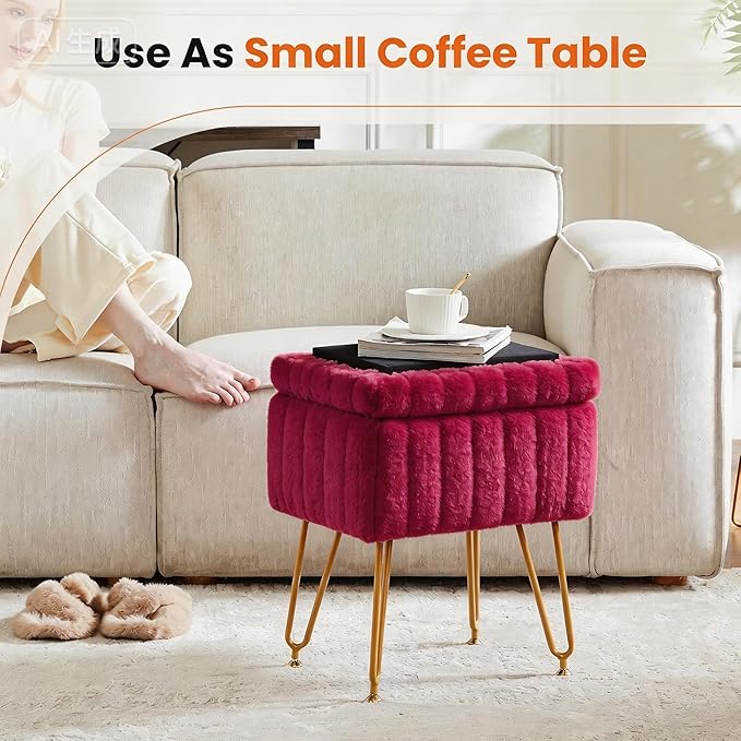 DUMOS Vanity Stool Chair, Ottoman with Storage, Makeup Cute Soft Small Footstool, Modern Style Faux Fur Seat with 4 Metal Legs & Adjustable Feet for Dressing, Living Room, Bedroom, Dorm, Red