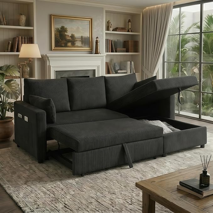 Sectional Sleeper Sofa with Pull Out Bed, L Shape Convertible Sofa Bed Couch with Storage Chaise, 3 in 1 Pull Out Sofa Bed with 3 Seats for Living Room,Apartment, Black, 85Inch