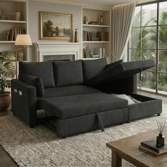 Sectional Sleeper Sofa with Pull Out Bed, L Shape Convertible Sofa Bed Couch with Storage Chaise, 3 in 1 Pull Out Sofa Bed with 3 Seats for Living Room,Apartment, Black, 85Inch