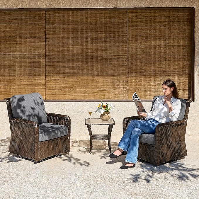 Tribesigns Outdoor Wicker Swivel Chairs, 3-Piece Outdoor Patio Furniture Set, Patio Bistro Sets with Tempered Glass Side Table, for Balcony, Porch - Brown Wicker
