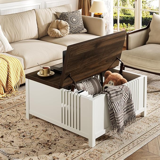 Farmhouse Lift Top Coffee Table with Storage, 35" Square Large Coffee Table with Hidden Compartment, Rustic Wood Center Table for Living Room, White