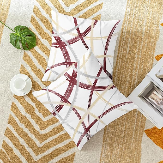 CaliTime Throw Pillow Cases Pack of 2 Cozy Fleece Arc-Shaped Abstract Geometric Lines Decorative Cushion Covers for Couch Bed Sofa Farmhouse Decoration 26 X 26 Inches Burgundy Dusty Pink Grey