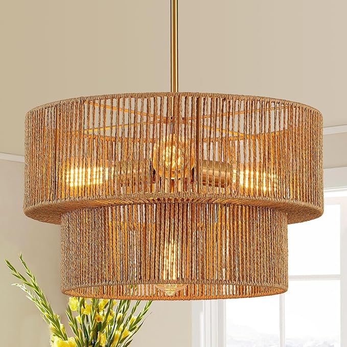 17.8" Golden Boho Rattan Chandelier Light Fixture 4-Light Hand-Woven Bamboo Vintage Farmhouse Chandelier Drum Wicker Chandeliers for Dining Room, Living Room, Kitchen Island,Bedroom,Foyer