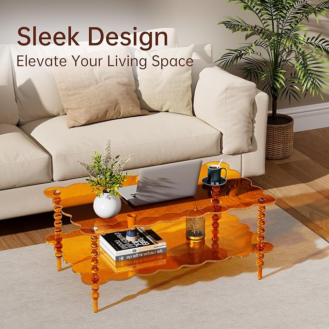 Acrylic Coffee Table, 2-Tier Living Room Table with Storage, Center Table Mid-Modern Century for Living Room, Easy to Assemble (Orange, 37.8“×23.6“×15.7”)