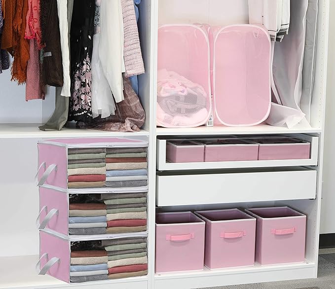 Simple Houseware 3 Pack Foldable Closet Organizer Clothing Storage Box with Clear Window, Pink