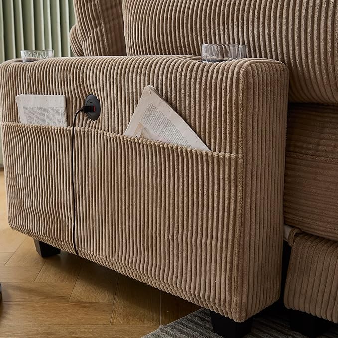 Oversized Lounge Chaise Convertible Sleeper Sofabed, Corduroy Sleeper Daybed Indoor Recliner Chair Sofa Bed with Cupholders and Adjustable Headrests for Living Room Bedroom Reading Home Apartment