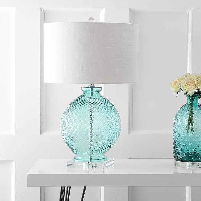 JONATHAN Y 26" Aqua Diamond-Etched Glass and Crystal Table Lamp, Coastal Transitional Bedside Lamp with White Linen Drum Shade for Living Room, LED Bulb Included JYL2003A