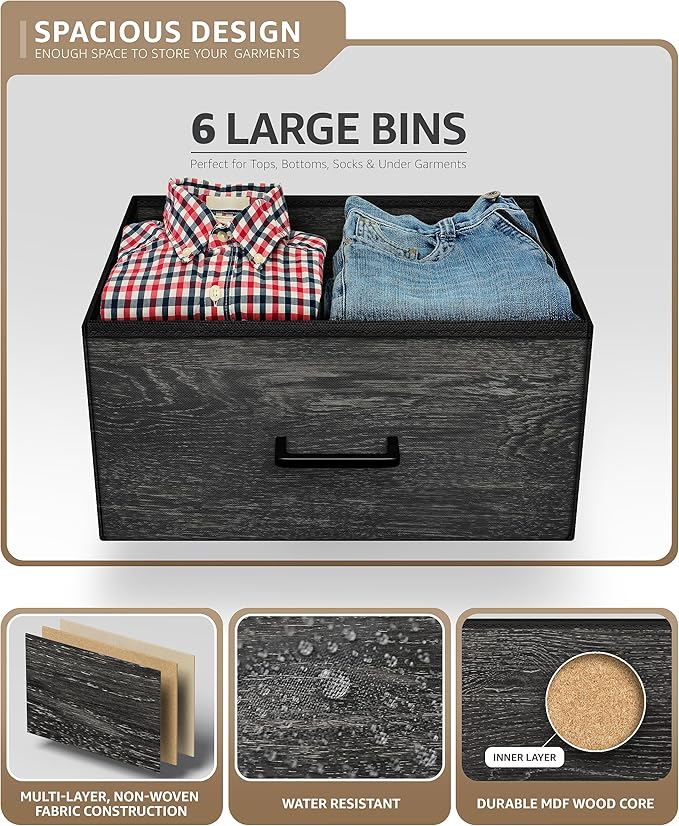 Sorbus Dresser with 6 Faux Wood Drawers - Chest Organizer Unit with Steel Frame Wood Top & Handle Easy Pull Fabric Bins for Clothes - Storage Furniture for Bedroom, Hallway, Living Room & Closet