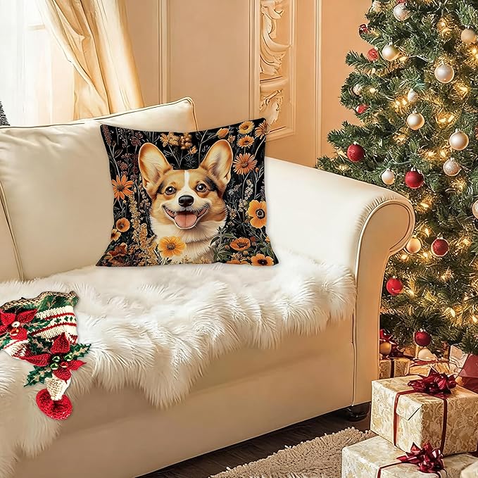 William Morris Inspired-Vintage Floral Corgi Pillow Covers 18x18, Corgi Lovers Mom Gifts, Moody Dark Cottagecore Botanical Corgy Dog Decorative Pillow Covers for Home Living Room Bedroom
