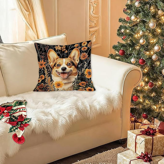 William Morris Inspired-Vintage Floral Corgi Pillow Covers 18x18, Corgi Lovers Mom Gifts, Moody Dark Cottagecore Botanical Corgy Dog Decorative Pillow Covers for Home Living Room Bedroom