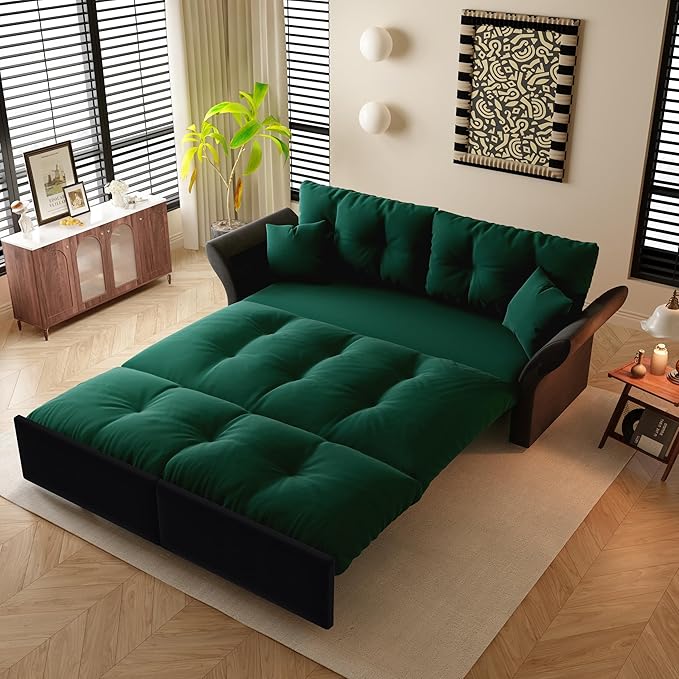 Eafurn 3-in-1 Convertible Sofa Bed Queen Size Pull Out Sleeper Sofa with Skin-Friendly Velvet Fabric, Multi-Functional Loveseat with Pillow Armrest for Guest Room & Living Room
