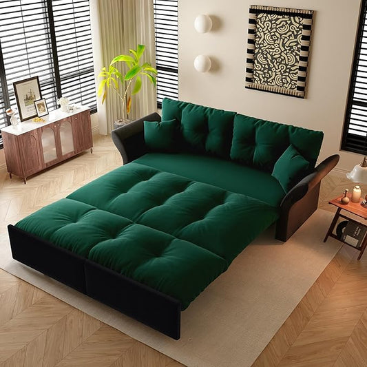 Eafurn 3-in-1 Convertible Sofa Bed Queen Size Pull Out Sleeper Sofa with Skin-Friendly Velvet Fabric, Multi-Functional Loveseat with Pillow Armrest for Guest Room & Living Room
