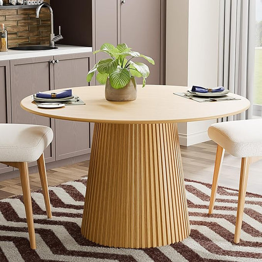 Casaphoria 46" Round Dining Table, Modern Wood Kitchen Table with Cone Grating Bar Base for Living Room & Dining Room, Easy Assembly Farmhouse Furniture for 4-6, Oak
