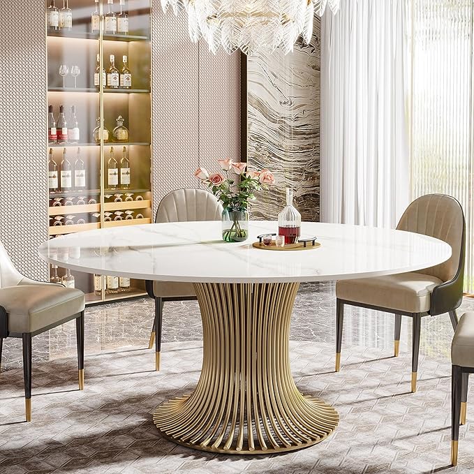 Tribesigns 59" Modern Sintered Stone Round Dining Table for 6-8, Luxury White Kitchen Table with Golden Stainless Steel Pedestal for Dining Room,Living Room (Only Table)