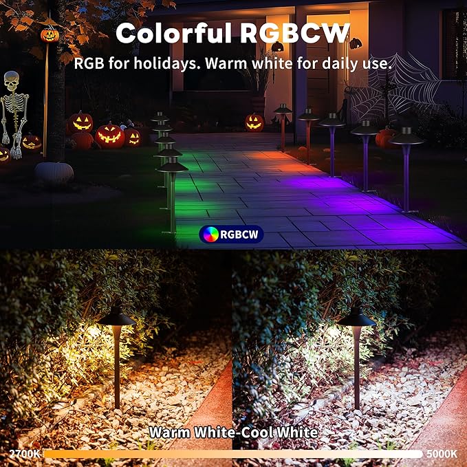 Chrisrmas Smart Outdoor Path Light RGBCW, 12V App Control Landscape Pathway Lights LED, Low Voltage Pathlight IP65 Waterproof Wired, Hat Aluminum ORB for Backyard Holiday Decor (6 Pack)
