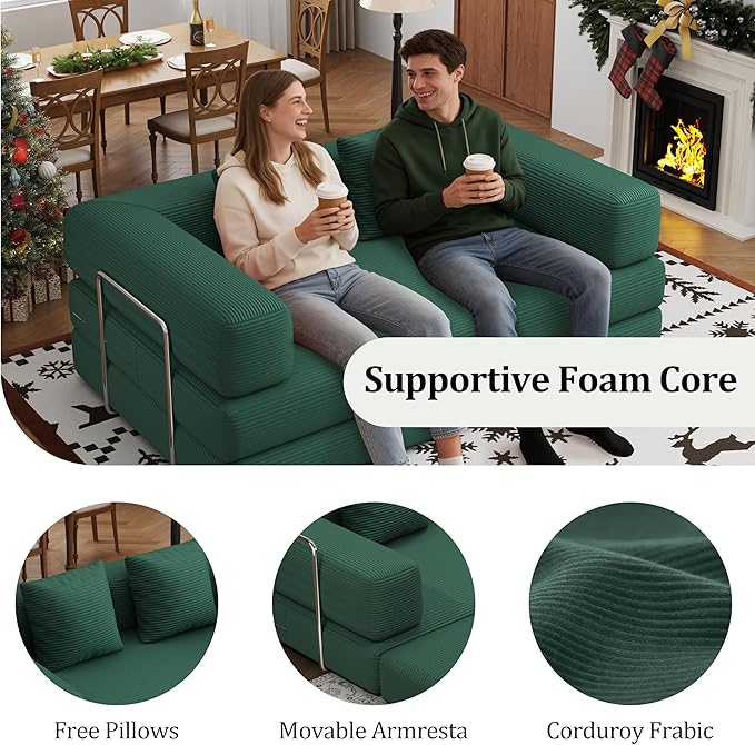 BSHOMGI 4-in-1 Foldable Sofa Bed Teddy Fabric Foam-Filled Compressed Couch, Convertible Loveseat Sofa, Boneless FoldingSleeper for Living Room, Guest Bed, Playroom (Green, 59” 2 Seat)
