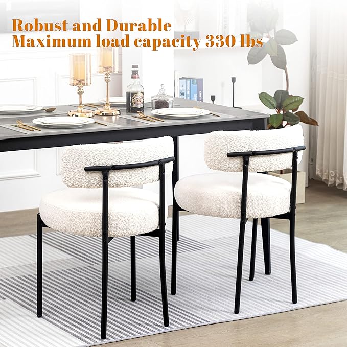 DYHOME White Boucle Dining Chairs Set of 4, Upholstered Kitchen Chairs with Thick Cushions and Metal Legs, Round Modern Dining Room Chairs