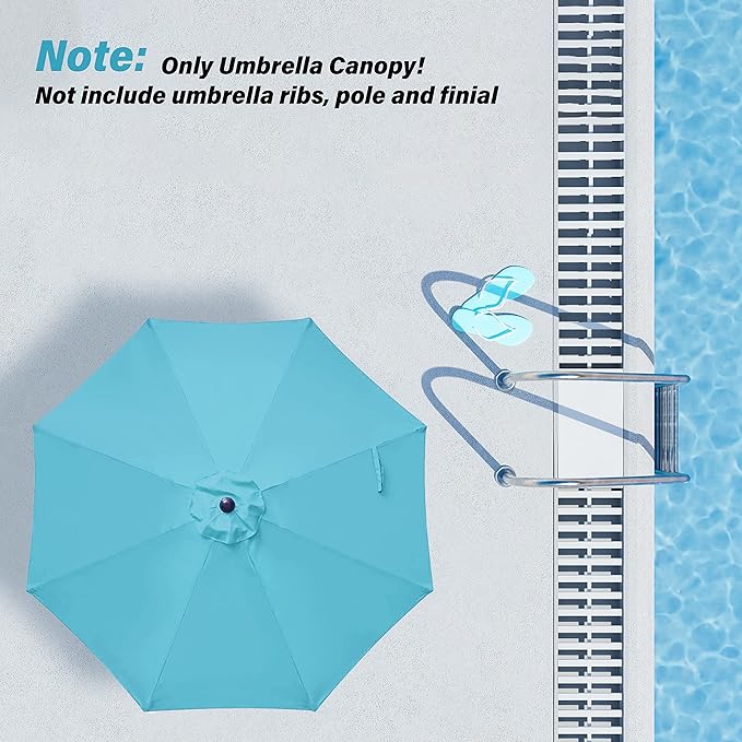 Simple Deluxe 9' Patio Outdoor Table Market Yard Umbrella Replacement Top Cover with 8 Ribs, 9ft Canopy, Turquoise Canopy (Replacement Canopy Only fits 9 ft 8 ribs patio umbrella)