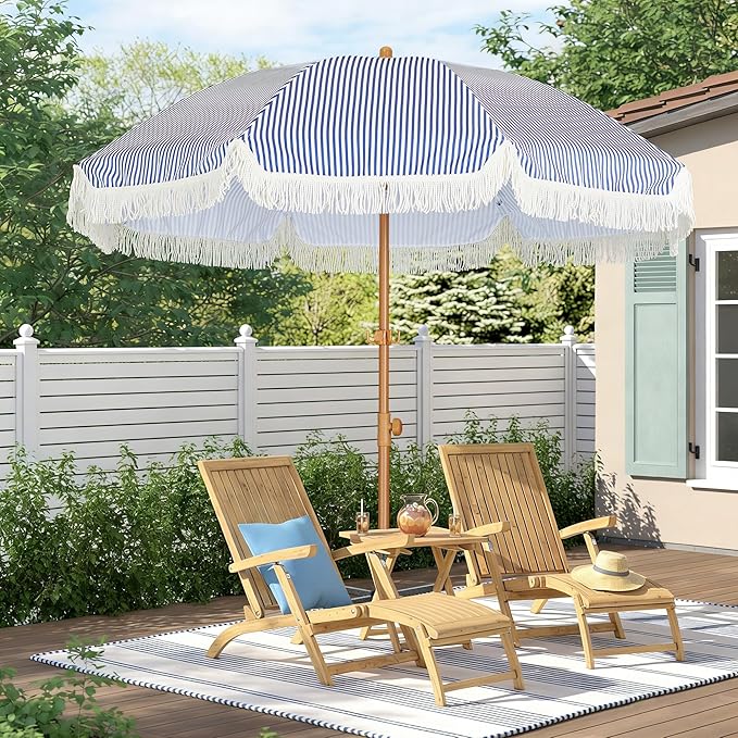 HOMEDEMO Boho Patio Umbrella with Fringe, Outdoor Tassel Umbrella with UPF50+ Sun Protection and Push Button Tilt, Premium Aluminum Pole & Fiberglass Ribs, Includes Hanging Hook