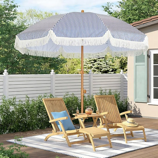 HOMEDEMO Boho Patio Umbrella with Fringe, Outdoor Tassel Umbrella with UPF50+ Sun Protection and Push Button Tilt, Premium Aluminum Pole & Fiberglass Ribs, Includes Hanging Hook