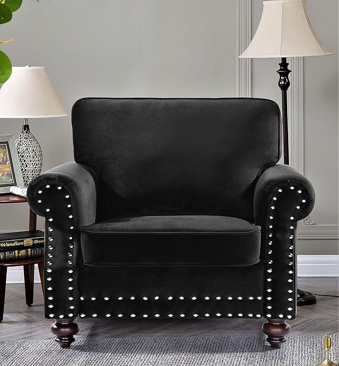 Container Furniture Direct Lotus Mid Century Modern Velvet Upholstered Living Room Rolled Arms, Chair, Midnight