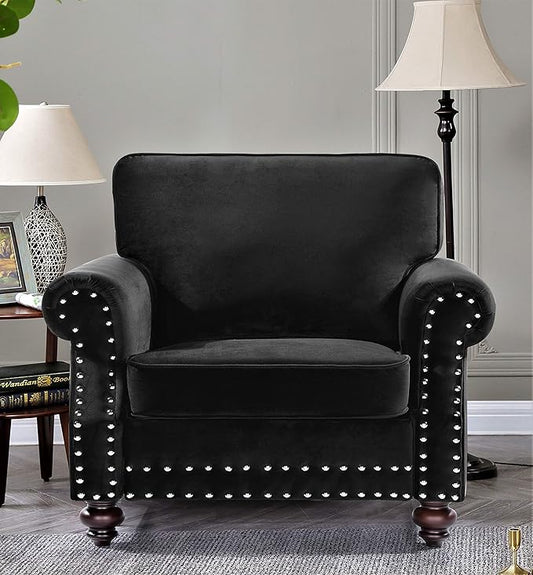 Container Furniture Direct Lotus Mid Century Modern Velvet Upholstered Living Room Rolled Arms, Chair, Midnight