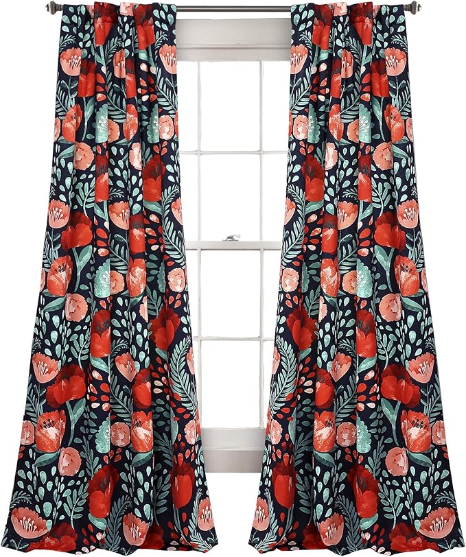 Lush Decor Poppy Garden Curtains Light Filtering Window Set for Living, Dining, Bedroom, 84 in L Panel Pair, Navy