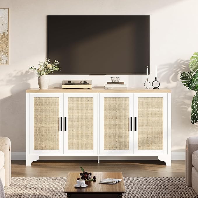 GarveeHome 4-Door Sideboard Buffet Cabinet, Natural Rattan Storage Cabinet, Boho Entryway Console Table, Coffee Bar Station for Dinning Room, Living Room, Kitchen, White