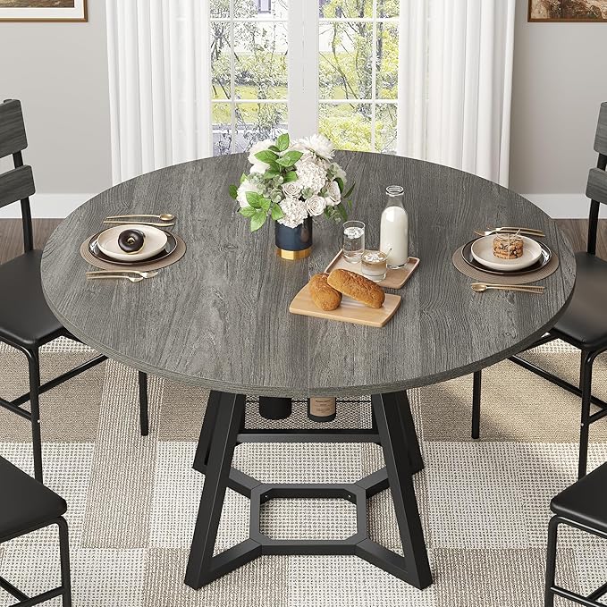 Round Dining Table for 4, Kitchen Tables Dining Room Circle Dinner Table with Pedestal Metal Frame, Space Saving Wood Industrial Kitchen & Dining Room Tables, Grey 47In