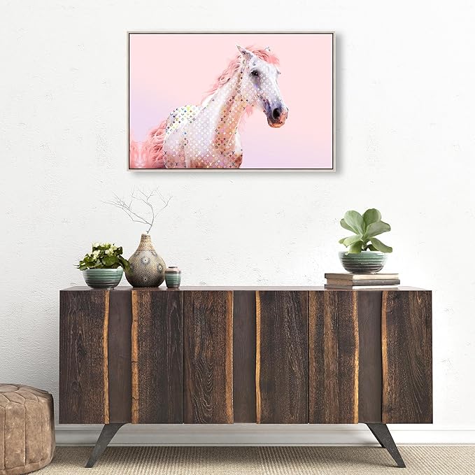 Country Farmhouse Canvas Print Painting Animal Wall Art 'Pink Glam Horse' Champagne Framed Canvas Rustic Home Décor 30x20 in Pink, White by Oliver Gal