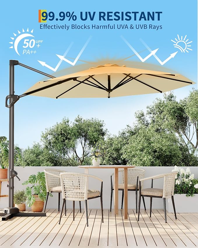 GarveeLife 10 ft Cantilever Umbrella Outdoor Patio Umbrella Market Offset Umbrella Sun Shade Windproof with 360-Degree Rotation for Patio Garden Deck Pool, Beige