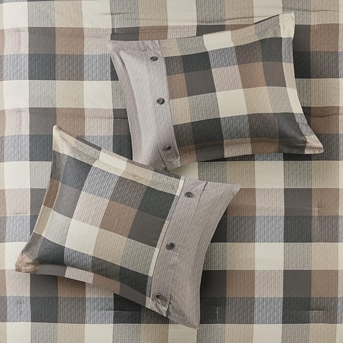 Madison Park Ridge Comforter Set-Cabin Lodge Plaid Herringbone Design All Season Down Alternative Cozy Bedding with Matching Bedskirt, Shams, Decorative Pillow, King(104"x92"), Neutral 7 Piece