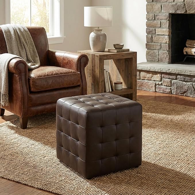 Cortesi Home Charli Tufted Cube Ottoman in 100% Genuine Leather, Brown