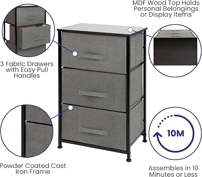 Flash Furniture Harris 3 Drawer Storage Dresser - Black Cast Iron Frame and Wood Top - 3 Easy Pull Dark Gray Fabric Drawers