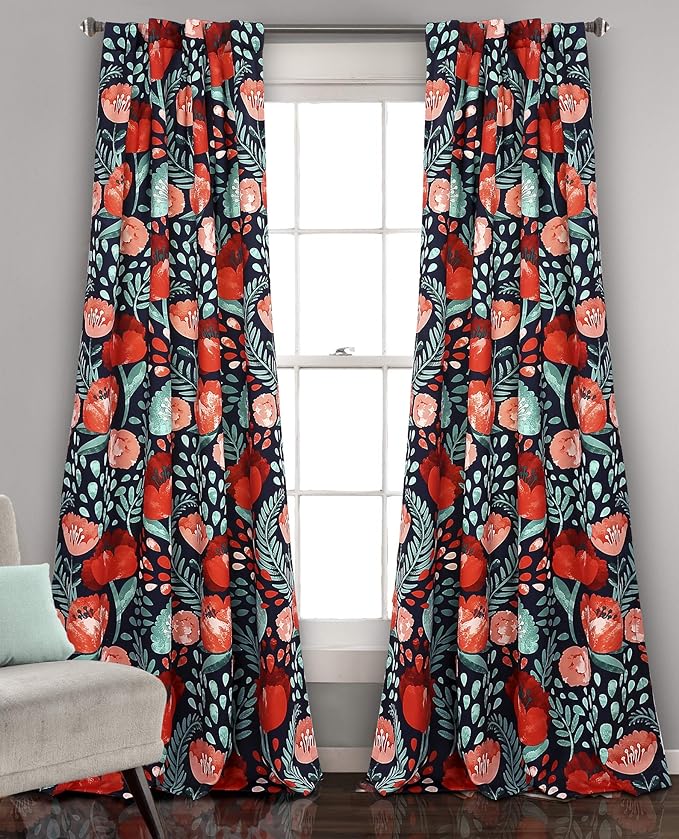 Lush Decor Poppy Garden Curtains Light Filtering Window Set for Living, Dining, Bedroom, 84 in L Panel Pair, Navy