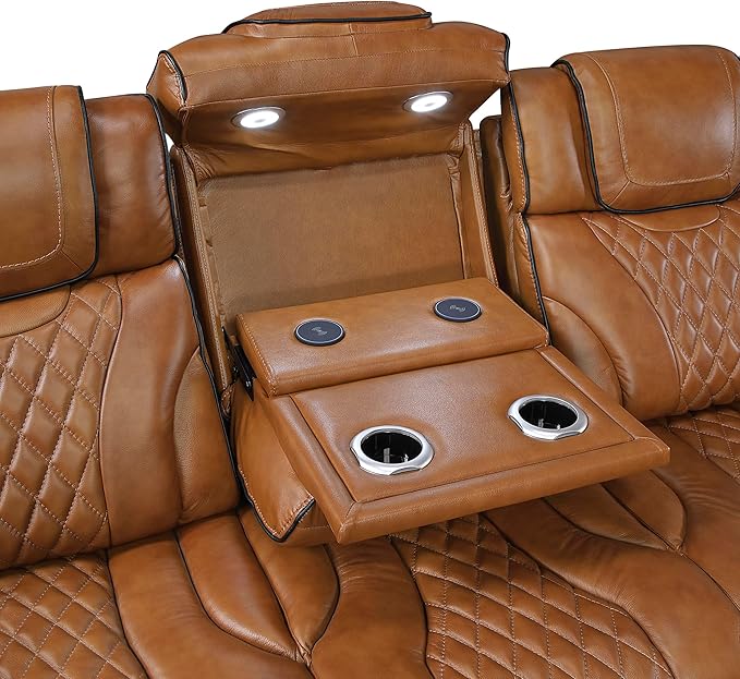 Lexicon Power Double Reclining Sofa, Center Drop-Down Table with Heat/Massage/Headrest/Storage Arms/Cup Holders/LED Lights/Wireless Charging, Top Grain Leather Match Wall Hugger Recliner Sofa, Brown