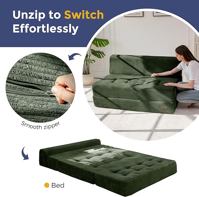 MAXYOYO 8" Folding Sofa Bed, Convertible Sleeper Sofa Lounger Foldable Mattress, Wedge Shape Floor Couch Tufted Fold Out Chair Bed Comfy Floor Couch Lounge for Living Room, Loveseat, Dark Green
