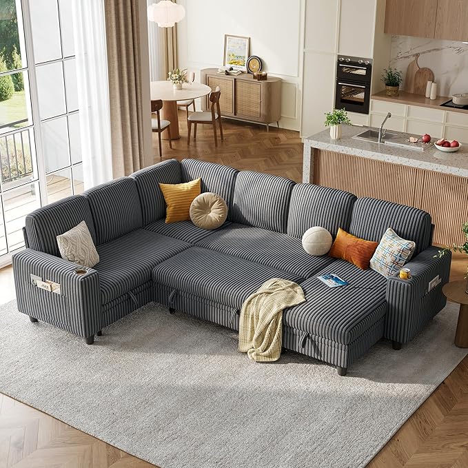 LINSY HOME Sectional Sleeper Sofa Pull Out Couches for Living Room (Grey, Sleeper Sofa 4) | Pull Out Sofa Bed, Storage, USB Charging, Cup Holders, Plush Corduroy | Pull Out Sofa Bed, Storage, USB Charging, Cup Holders, Plush Corduroy
