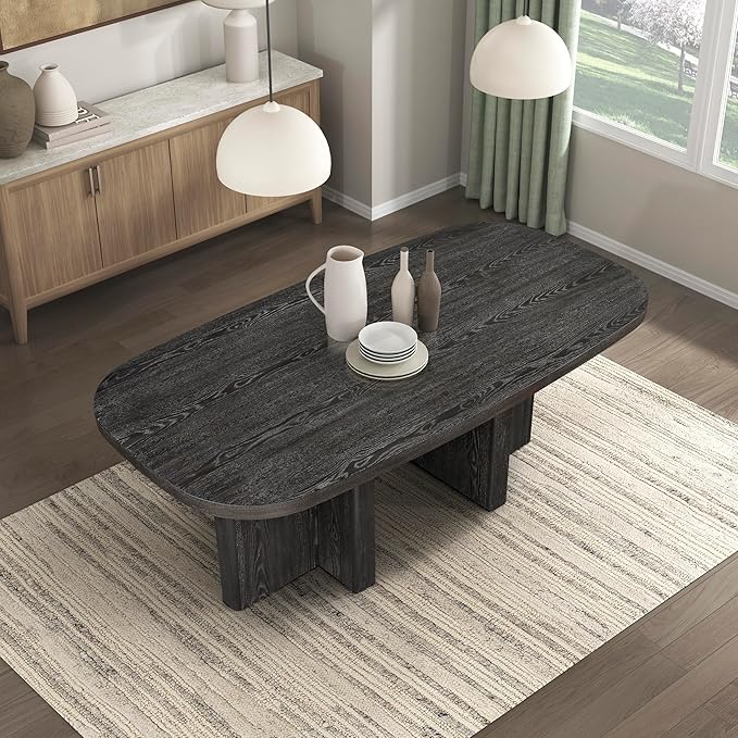 Lexicon 78 Inch Dining Table for 4-6 People, Rectangular with Textured Wood Grain Surface, Modern Ebony Finish Oak Veneer Kitchen Table for Dining Room/Kitchen, Ebony
