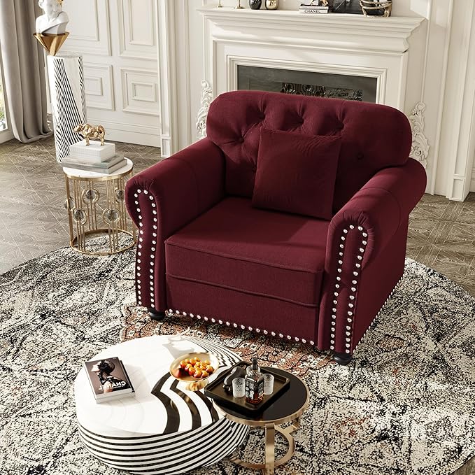 KEIKI 41" Velvet Chesterfield Sofa with Rolled Arms & Nailhead Trim, Modern Upholstered 1-Seater Button Tufted Couch with High Resilience Cushion & 1 Pillow, Easy Assembly, for Living Room, Burgundy